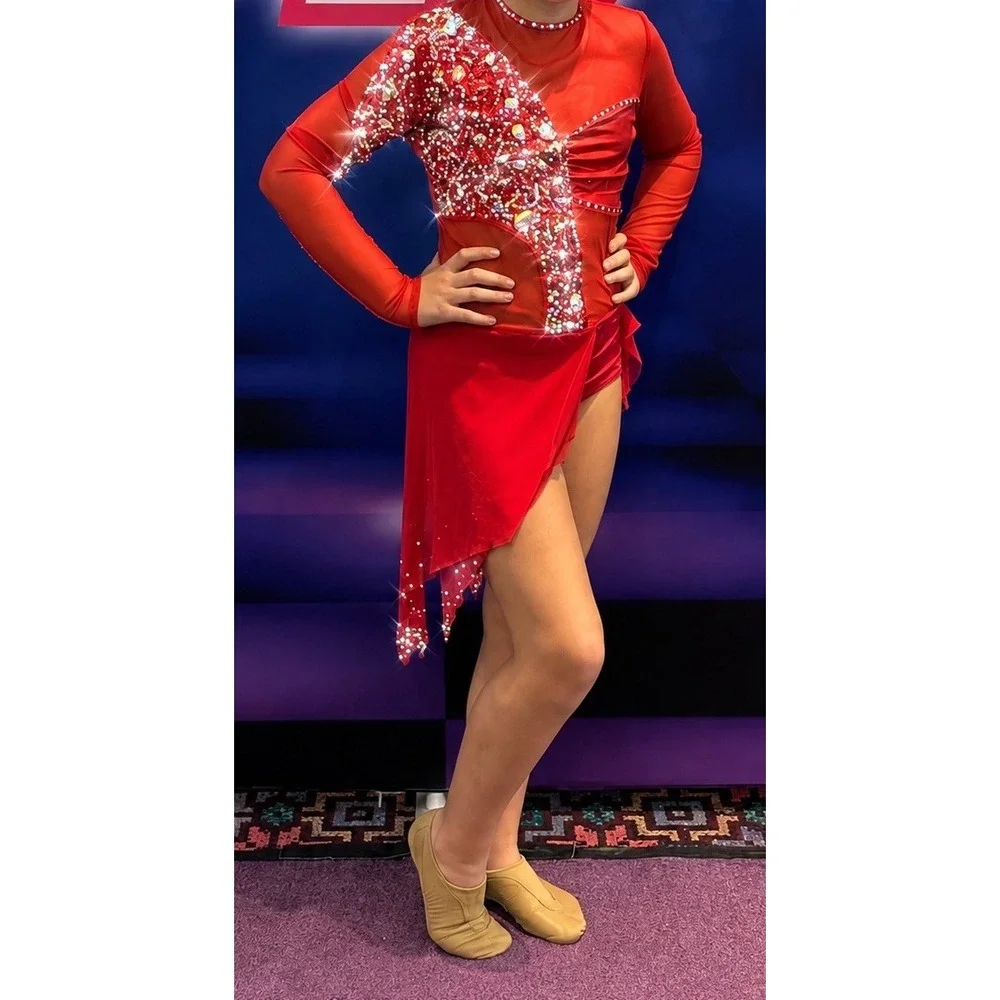 Girls Lyrical Contemporary Dance Costume Red Custom  (P-To-P 14in, L 27in)